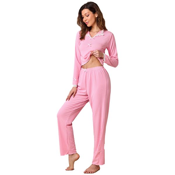 Cute Bow-Trimmed Ribbed Pajama Set