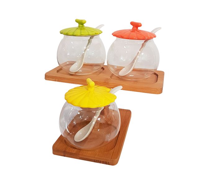 Glass Condiment Bowls with Coloured Lids on a Wooden Stand - Style 2