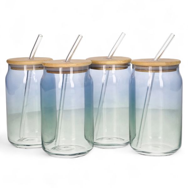 Tinted Cocktail Drinking Glasses with Bamboo Lids and Glass Straw -Set of 4