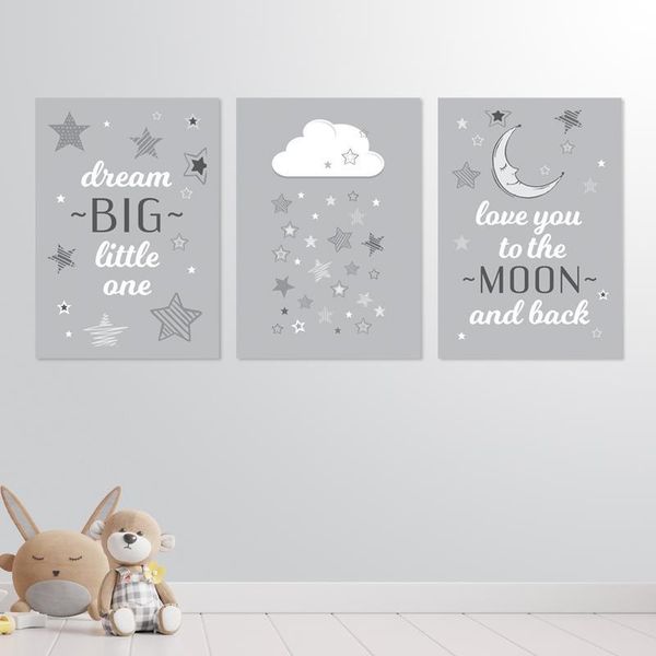 Grey Moon &amp; Clouds - A2 - Canvas (3.5cm ) -Set Of 3