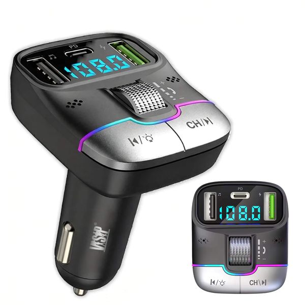 Bluetooth Car FM Transmitter Fast Charger with Type-C PD - Black
