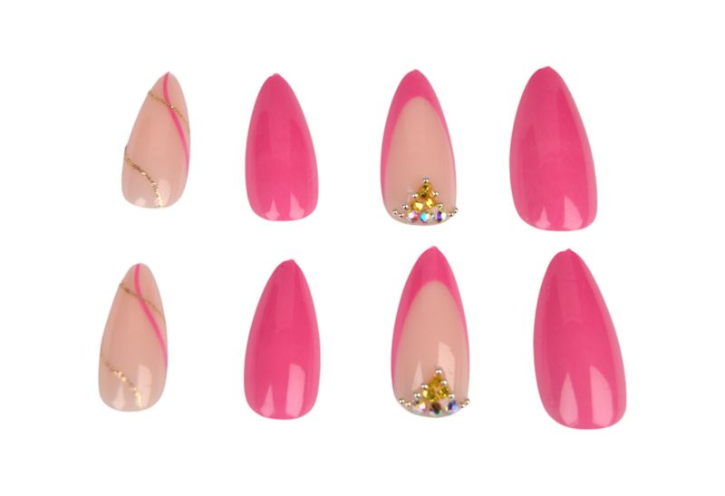 24 Piece Pink French Tip Diamante Nail Set - Nude Base