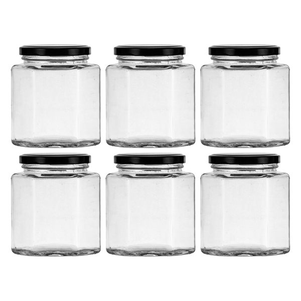 Regent 380ml Glass Hexagonal Jar With Black Lid 6 Pack (102X85X85Mm)