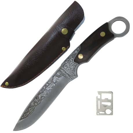 Premium Engraved Hunting Knife with Full Tang and Sheath & Multi-Tool Card Image