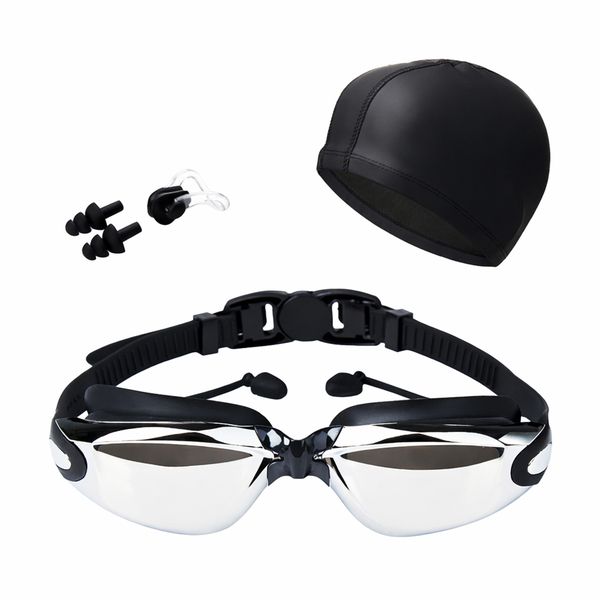 4 Piece Adults Swimming Goggles Set with Cap Earplugs AntiFog for Women Men