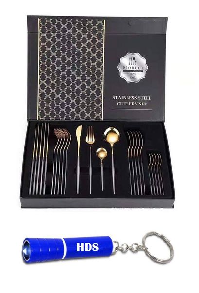 Two-Tone Flatware Dinner Set - 24 Piece Black and Gold with HDS Torch