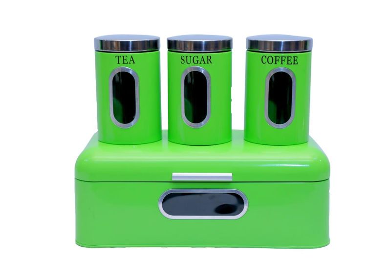 Bread Bin with 3 Canister Set Tea , Coffee &amp; Sugar with - green