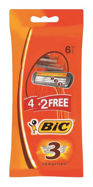 BIC 3 Sensitive Men's Triple Disposable Shaver for Men, Pack of 4+2