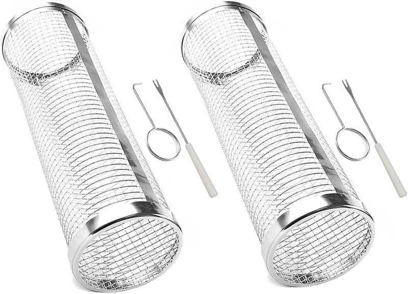 2 Pack Cylindrical Rolling Grill Basket Braai Accessory Stainless Steel