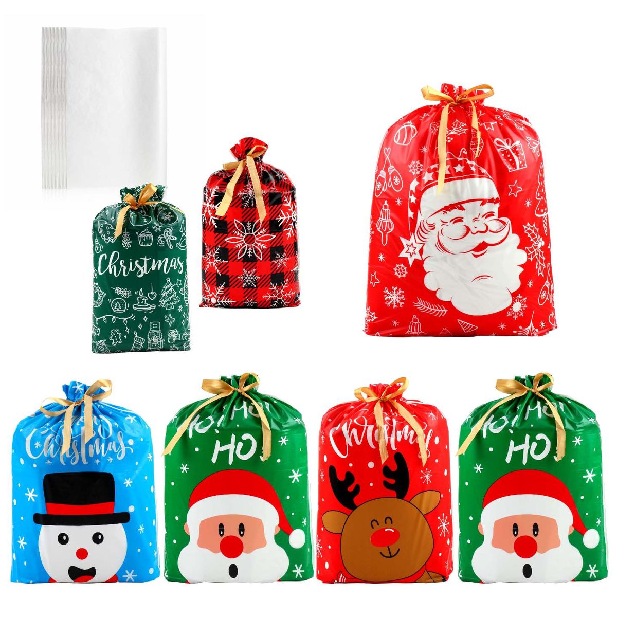 Plastic Christmas Cute Wrapping Gift Bags - Value Pack of 7 - Original