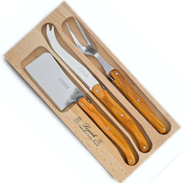 Andre Verdier Laguiole 3 Piece Cheese Set Olive Wood with Fork