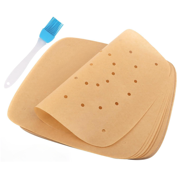 Air Fryer Parchment Paper 100 Sheets 23x23cm Free Oil Brush, Perforated