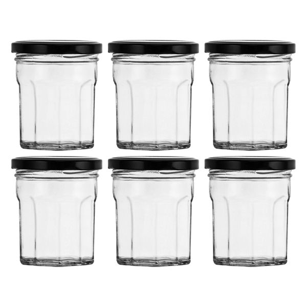 Regent 200ml Glass Faceted Tapered Jar With Black Lid 6Pack (70MM DIAX82MM)