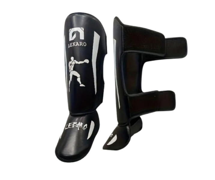 Lekaro Fight Gear Muay Thai MMA Shin Pads - Black and White - Large