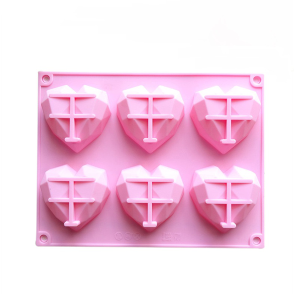 6 Cavity 3D Diamond Heart Shape Silicone Cake Baking Mold - Pink