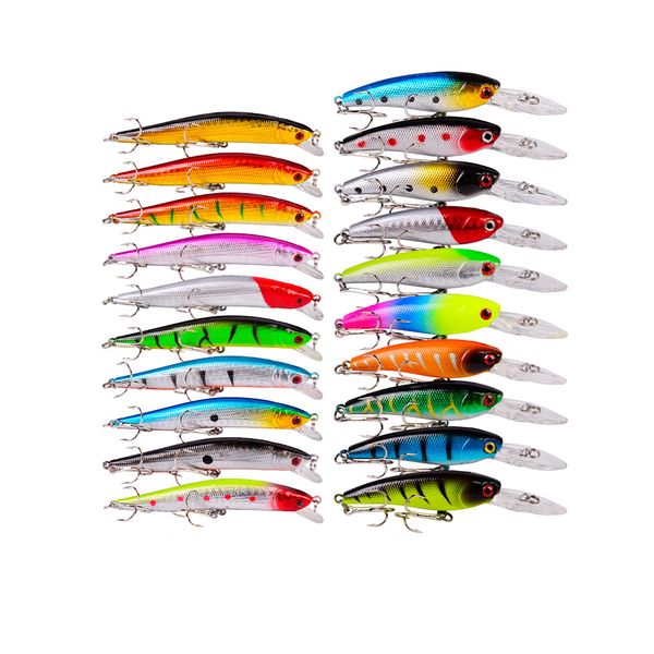 20 Piece Minnow Popper Crank Baits with Hooks Topwater Fishing Lures Kit