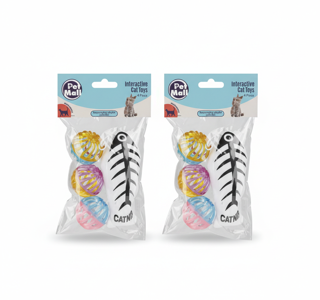 Pet Mall Cat Toy Balls and Fish 4 Piece Set for Playful Kittens - 2 Pack