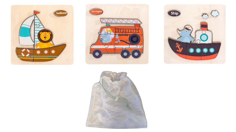 Kids' Early Learning Wooden Puzzle Set and Bag - 3 Piece Set