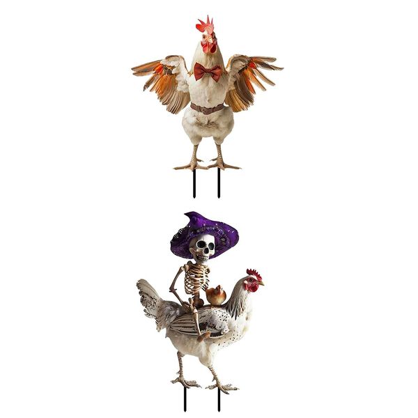 2 Pcs Halloween Skeleton Riding Rooster Sign Halloween Ornament