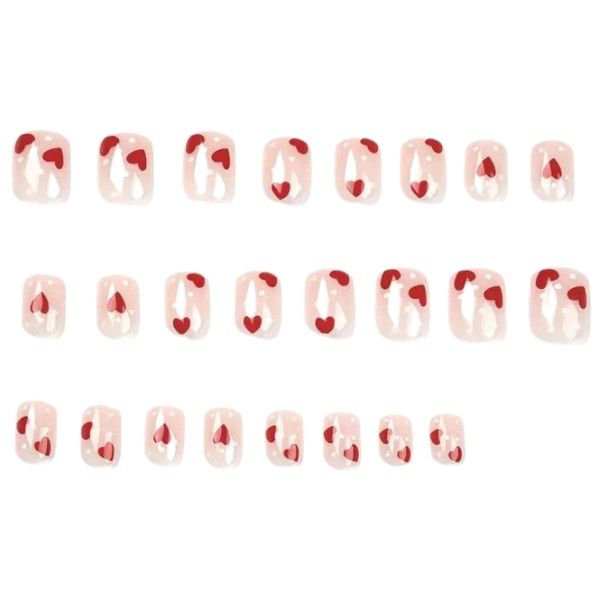 24 Piece Y2K Nude Polka Dot Short Square Press-On Nails With Hearts - Red