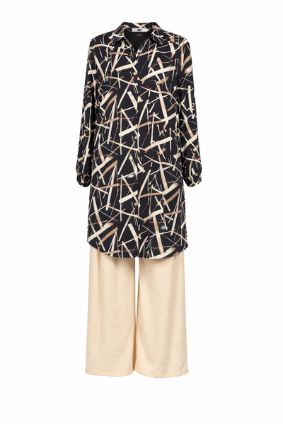 Black Modern Modest 2-Piece Viscose Pants and Shirt Set with Patterning