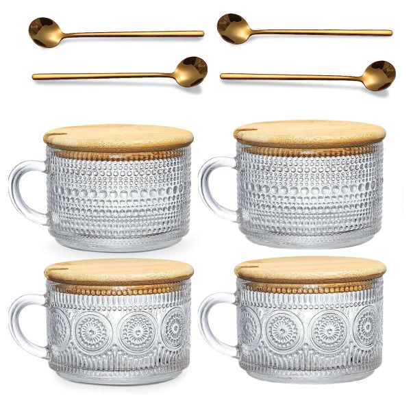 Glass Mug Gift Set with 4 Wooden Lids &amp; 4 Spoons Vintage Design Mug 4 Piece