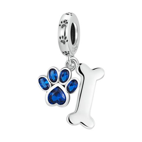 925 Sterling Silver Blue Crystal Paw and Bone Charm - Silver Image