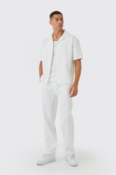 boohooMAN - Men's Short Sleeve Pleated Shirt &amp; Straight Trouser SET - White