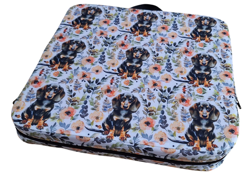 Outdoor Stadium Cushion - Black Dachshund &amp; Flowers on White