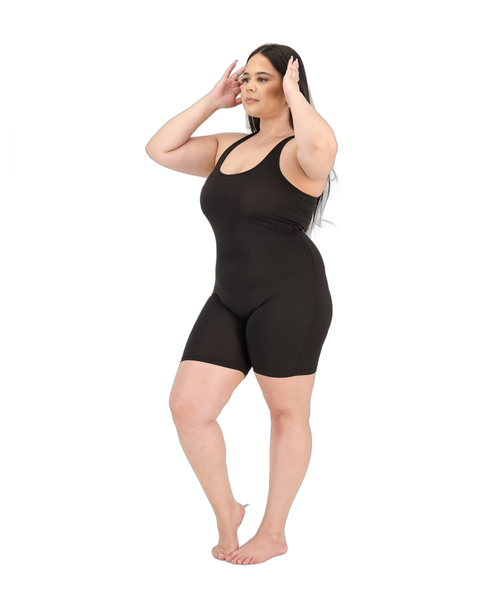 Ribbed Body Flattering Unitard Black -Racer Back, One-Piece Shorts Bodysuit