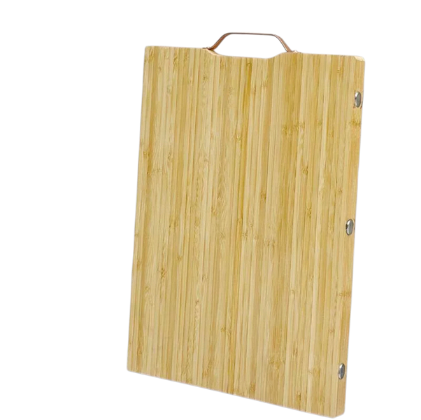 Large bamboo wooden cutting board with a golden handle