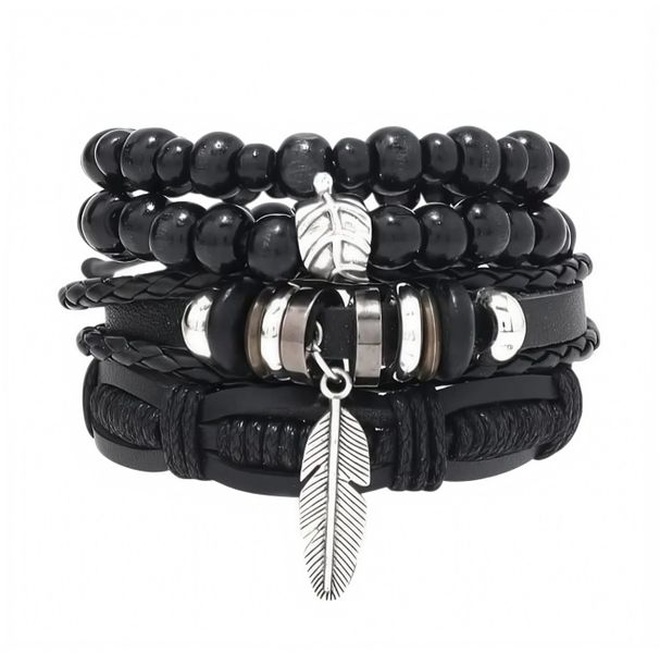 Stacked 4 Piece Men's Leather Bracelets Set Beaded and Feather Design.