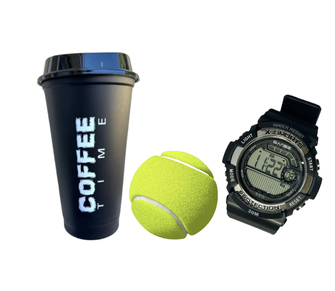 Ultimate Power Trio: Black Coffee Cup, Sport Watch &amp; Tennis Ball