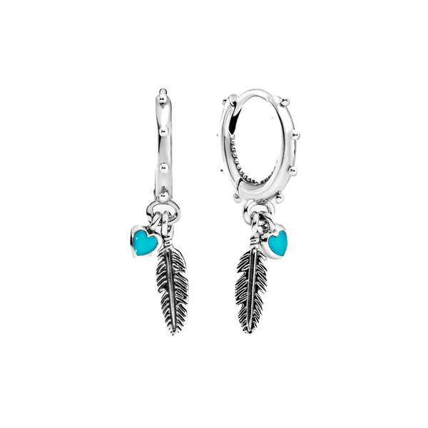 Turquoise Hearts and Feather Hoop Earrings
