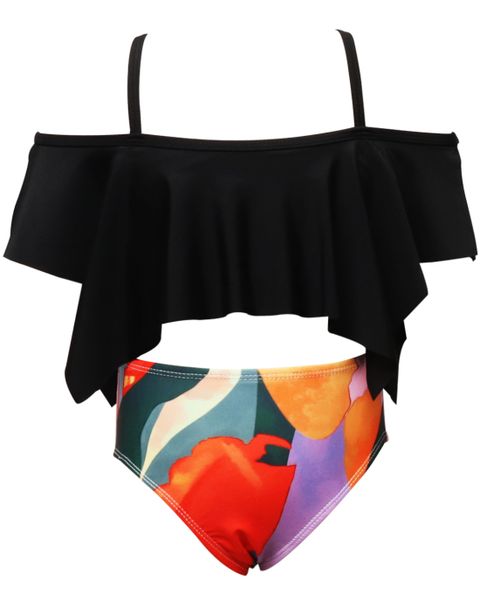 Olive Tree - Girls Wide Ruffled Flounce Bikini Swimsuit - Black