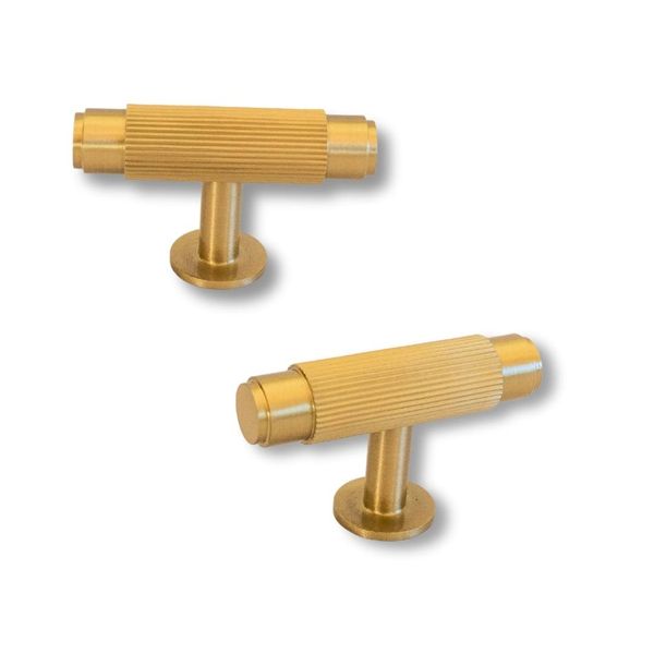 Luxury Ribbed Brass T Shape Doorknob Fitting - Set of 2