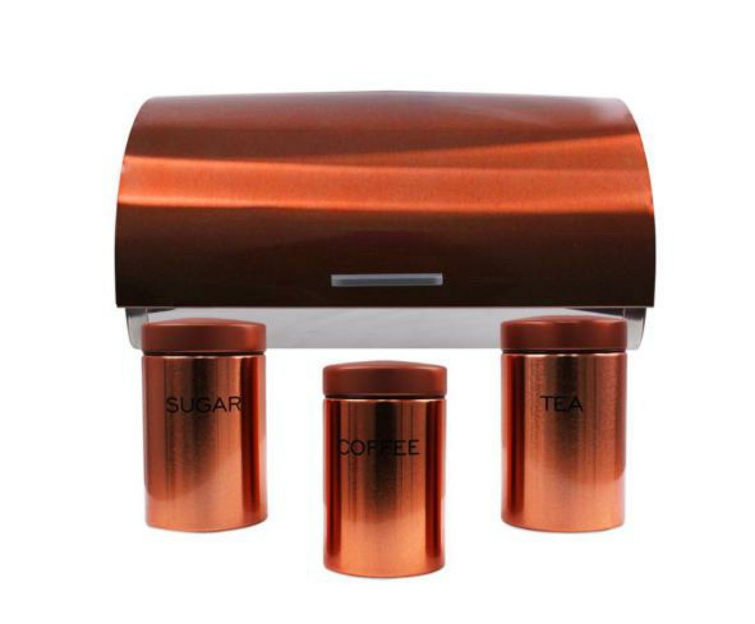 Bread Bins Stainless Steel Bread Bin & Matching 3 Piece Canister Set Copper for sale in