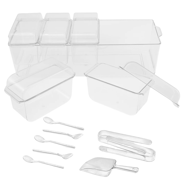 Ice Chilled Serving Set for Party With 5 Containers, Lids, Spoons &amp; Tongs