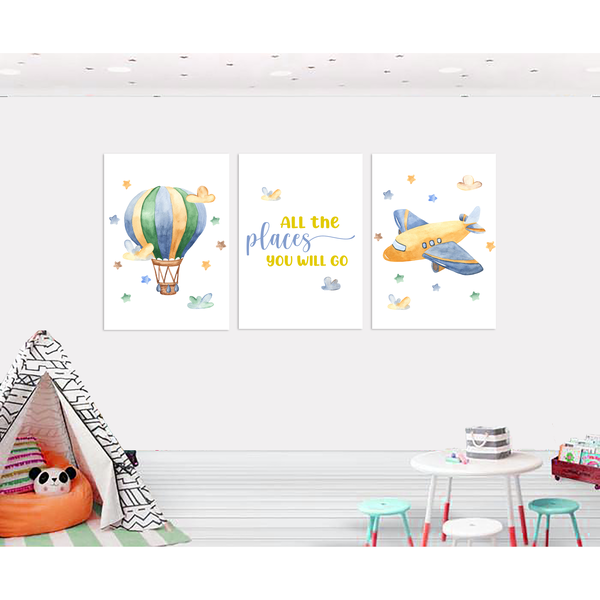 All The Places You'll Go Planes - A2 - Canvas (3.5cm ) -Set Of 3