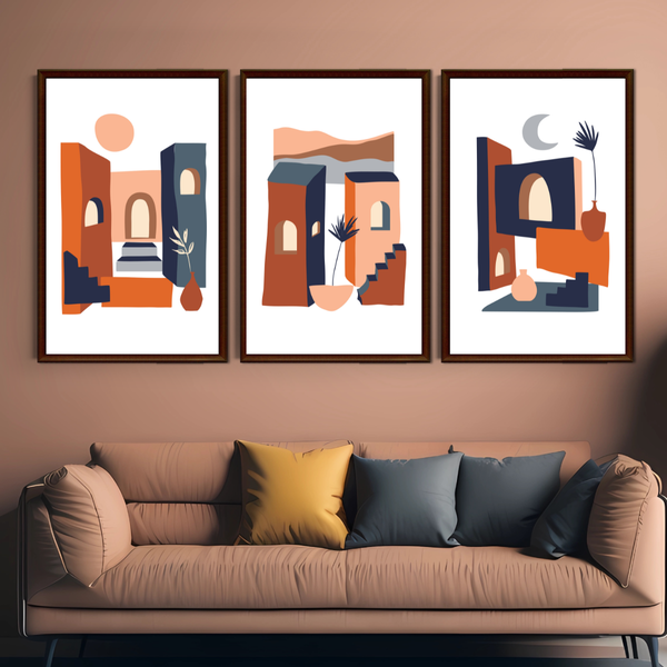 Set of 3 Unframed Wall Art Decor Prints - A3 Size (Leaf and Colorful Square