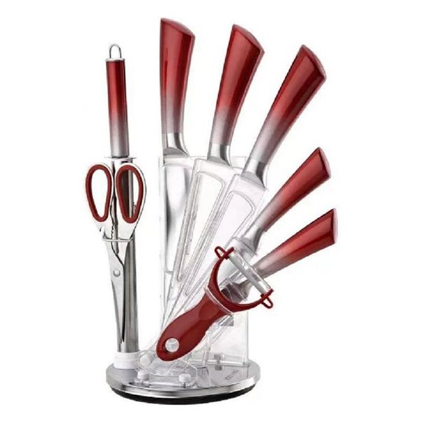 Delica 9 Piece Stainless Steel Knife Set &amp; Rotating Stand - Red/Silver