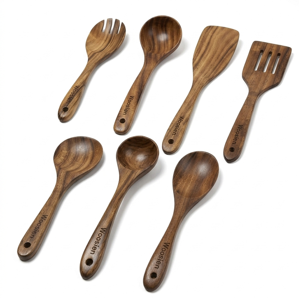 Woosien 7 PCS Teak Wooden Kitchen Cooking Utensils, Non-Stick Spoons