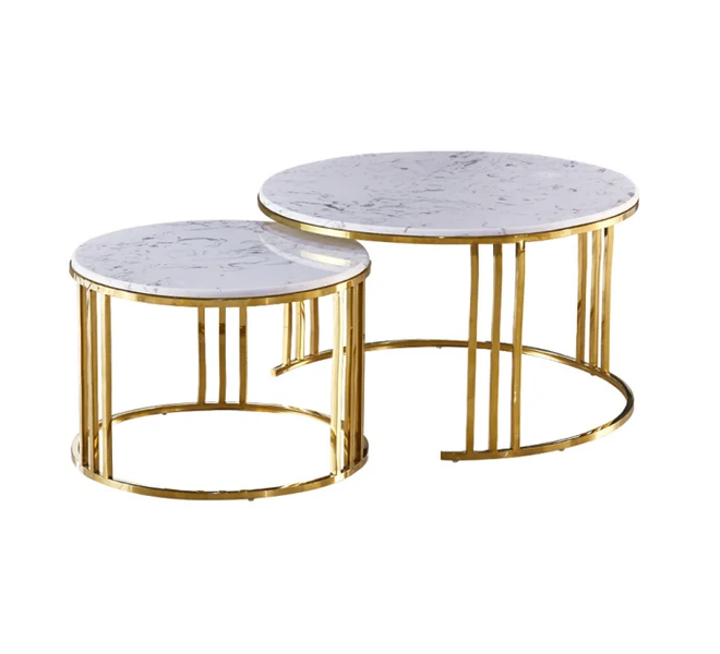 Coffee Tables - Nesting Set of 2 – Rounded Marble Top – White / Gold Colour