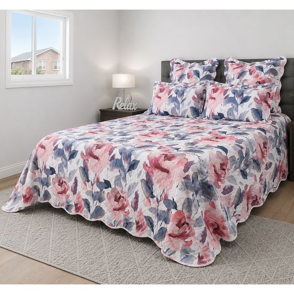 Pierre Cardin - 5 Piece Printed Scalloped Quilt Set - 260x230cm -Lea Floral