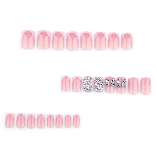 French Pink 3D Bow Rhinestone False Nails