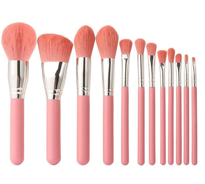 12 Pcs Makeup Brush Cosmetic Set with Carrying Bag - Pink