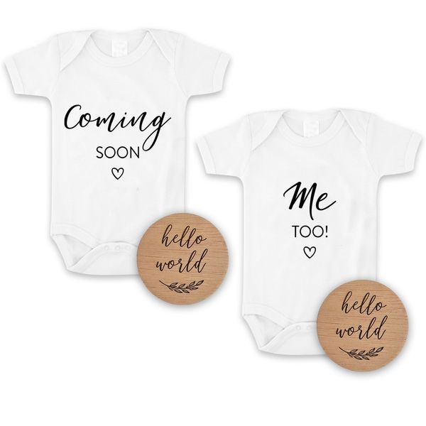Coming Soon Me Too Twin Pregnancy Announcement Onesies &amp; Hello World Discs