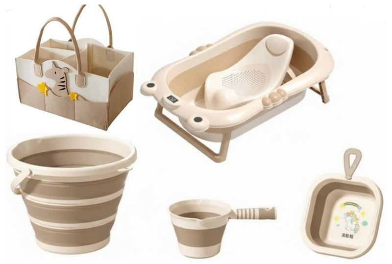 Newborn/Toddler Folding Bathtub Set 6Piece-Beige