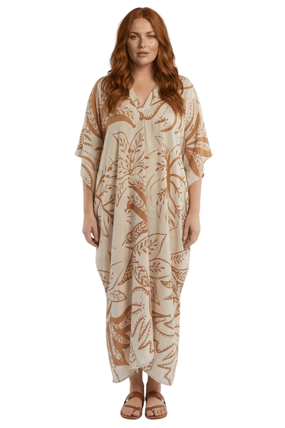 Earthly Collection Viscose Kaftan - Tan Floral Print Summer Dress