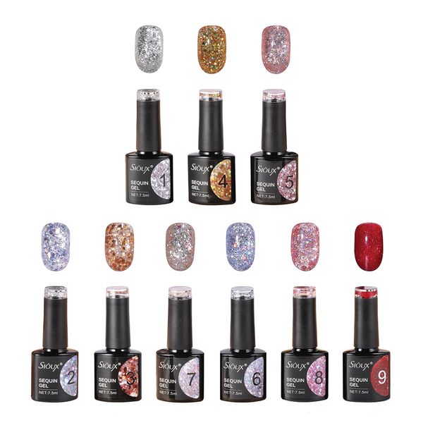 Sioux Glitter Gel Nail Polish Set - 9 Colors Sparkle Sequins UV LED Gel